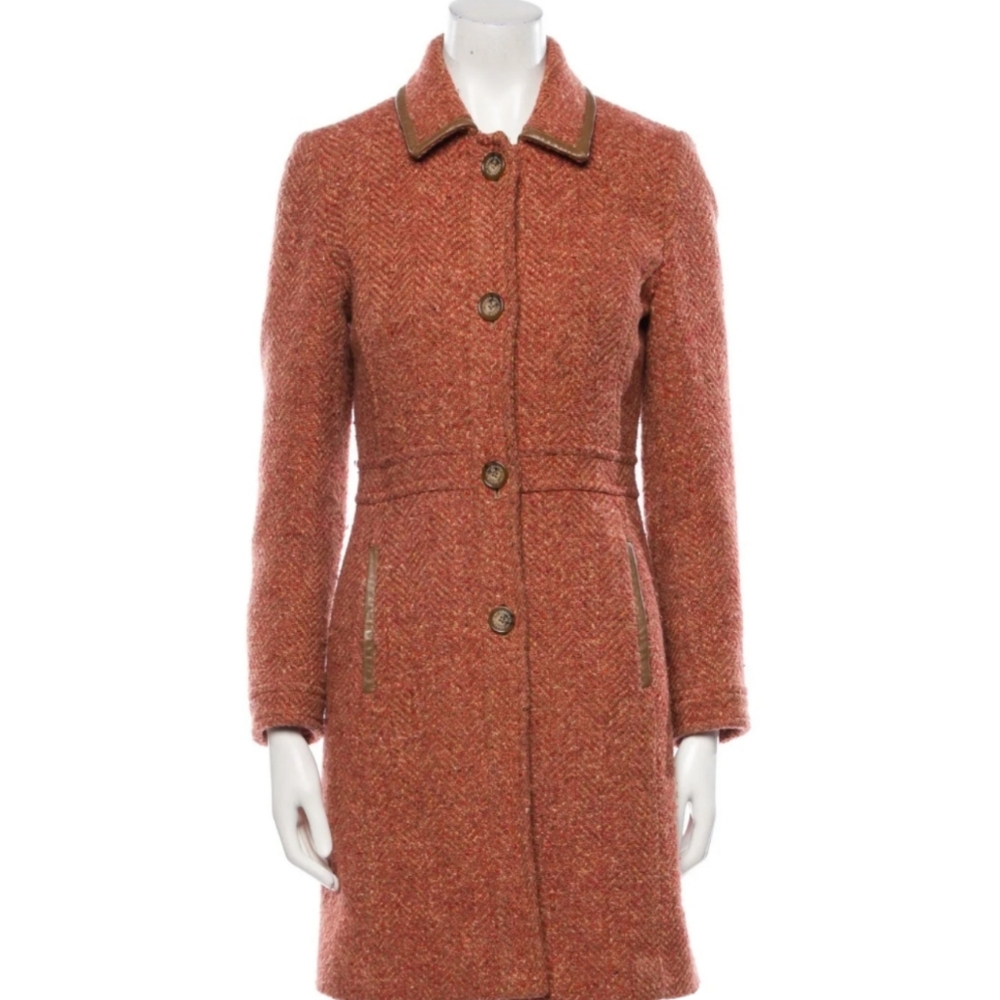 Coach Herringbone Tweed Coat in Orange with Brown Leather Trim